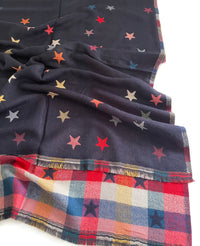 LARGE NAVY BLUE STAR PRINT REVERSIBLE CHECKED WINTER SHAWL BLANKET SCARF
