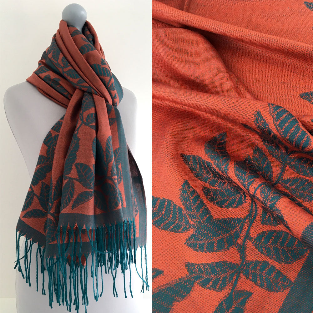 LARGE ORANGE TEAL LEAF PRINT REVERSIBLE PASHMINA SHAWL SCARF