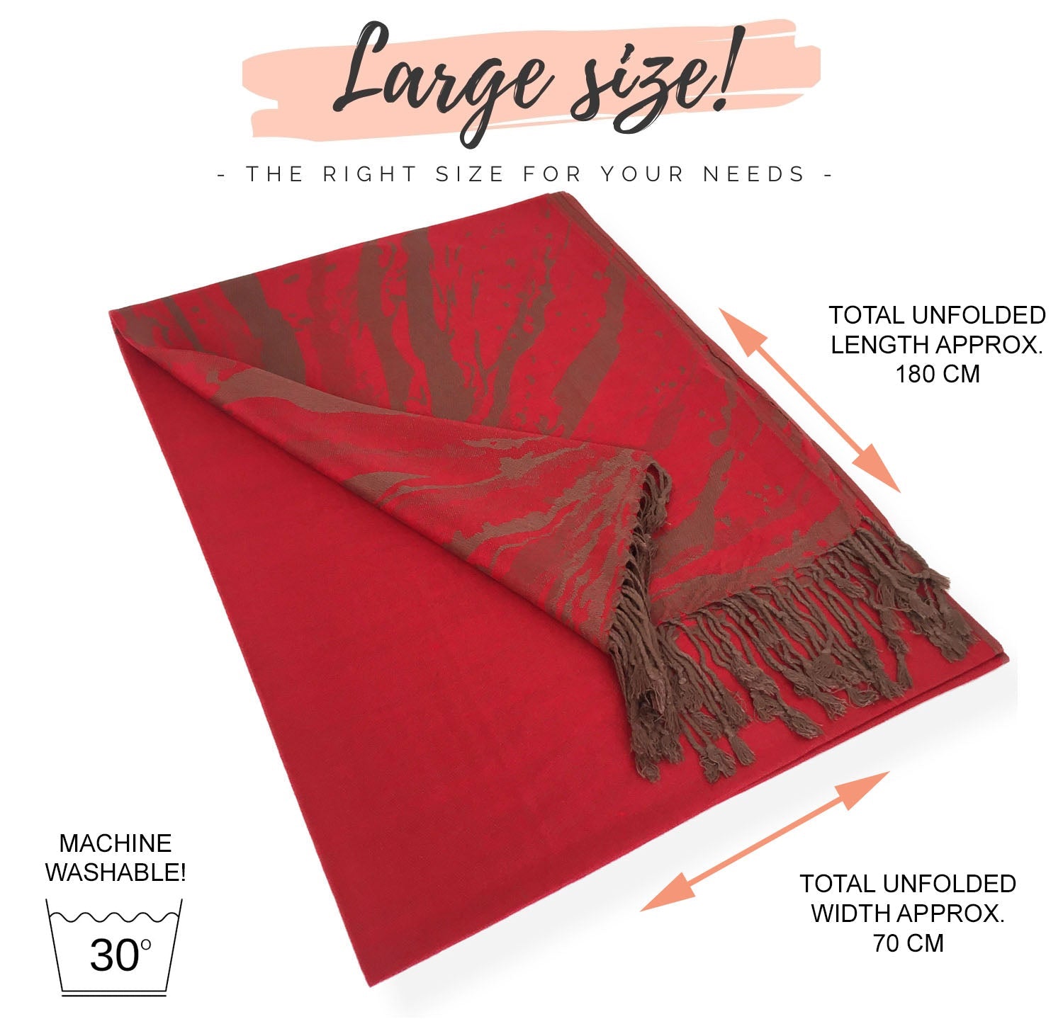 LARGE RED ZEBRA PRINT REVERSIBLE PASHMINA SHAWL SCARF