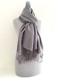 LARGE SILVERY BLUE SWIRL FLORAL PRINT REVERSIBLE PASHMINA SHAWL SCARF