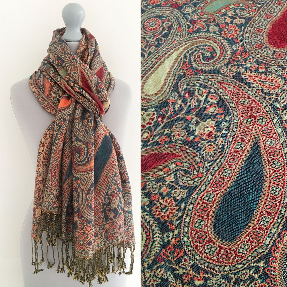 A-SHU LARGE TEAL MULTI COLOUR PAISLEY PRINT PASHMINA SHAWL SCARF - A-SHU.CO.UK