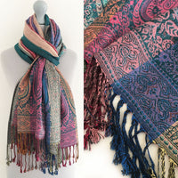 A-SHU LARGE TEAL RAINBOW MULTI COLOUR PAISLEY PRINT PASHMINA SHAWL SCARF - A-SHU.CO.UK
