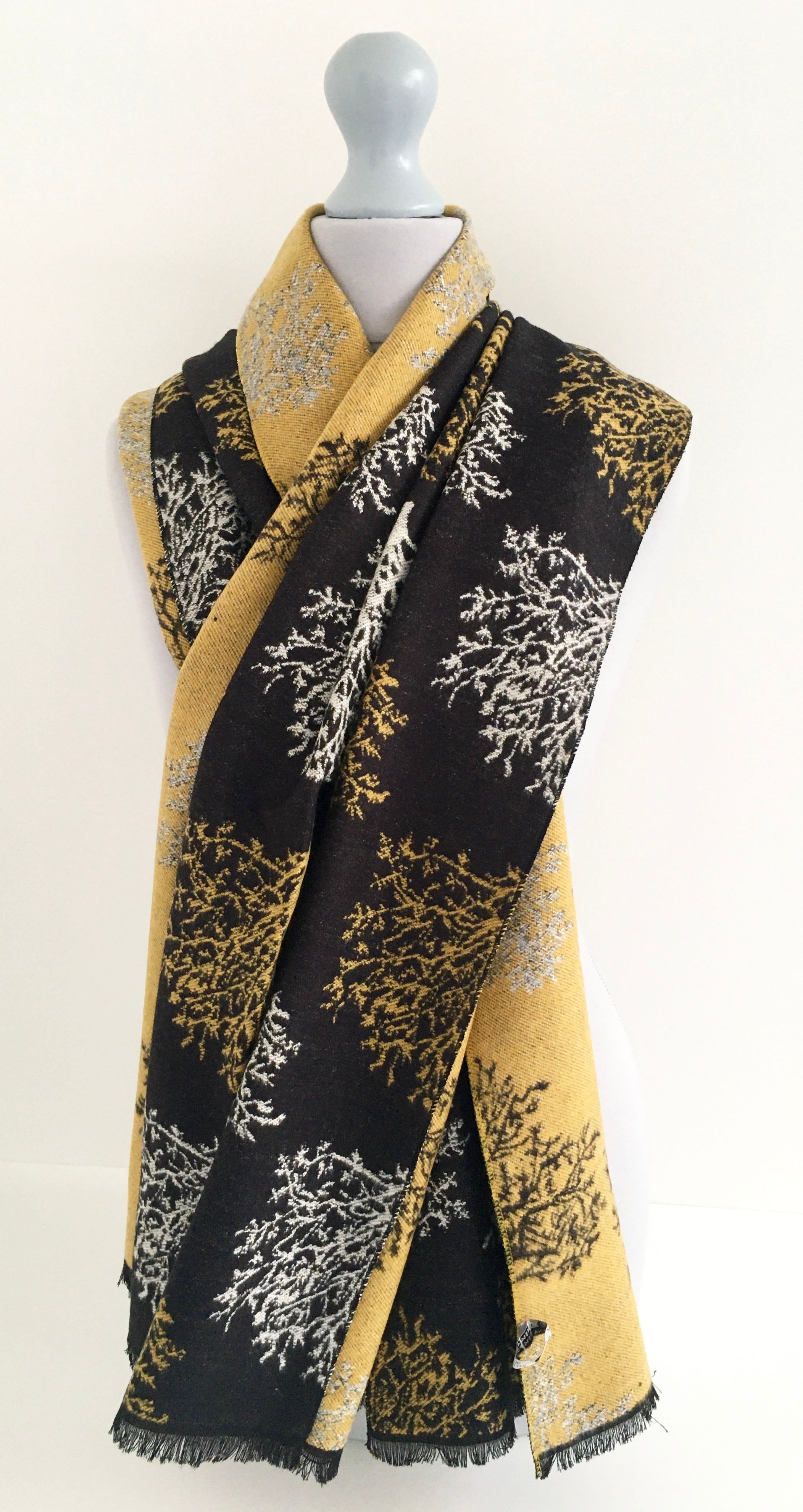 LARGE THICK BLACK TREE PRINT REVERSIBLE WINTER SHAWL BLANKET SCARF