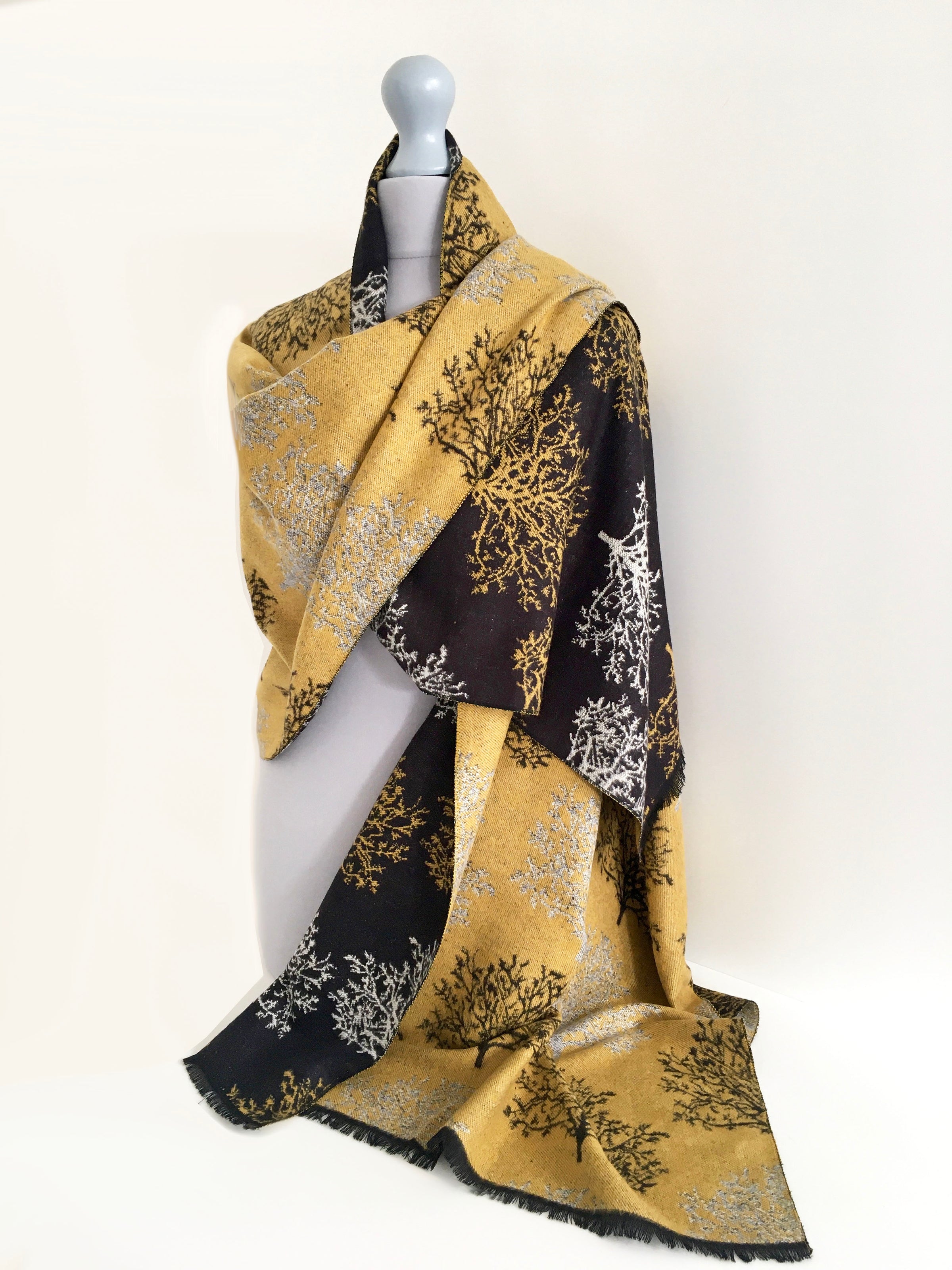 LARGE THICK BLACK TREE PRINT REVERSIBLE WINTER SHAWL BLANKET SCARF