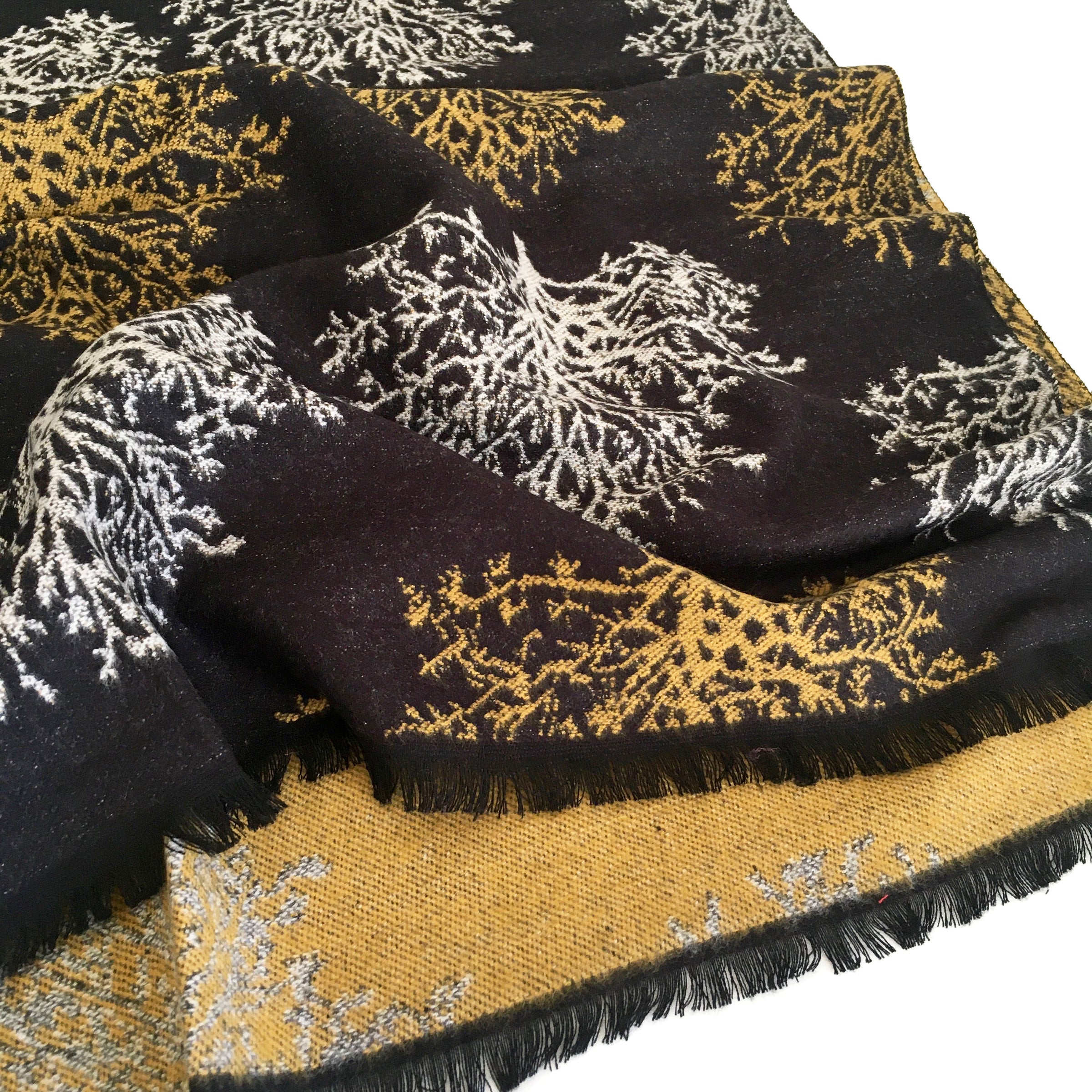 LARGE THICK BLACK TREE PRINT REVERSIBLE WINTER SHAWL BLANKET SCARF