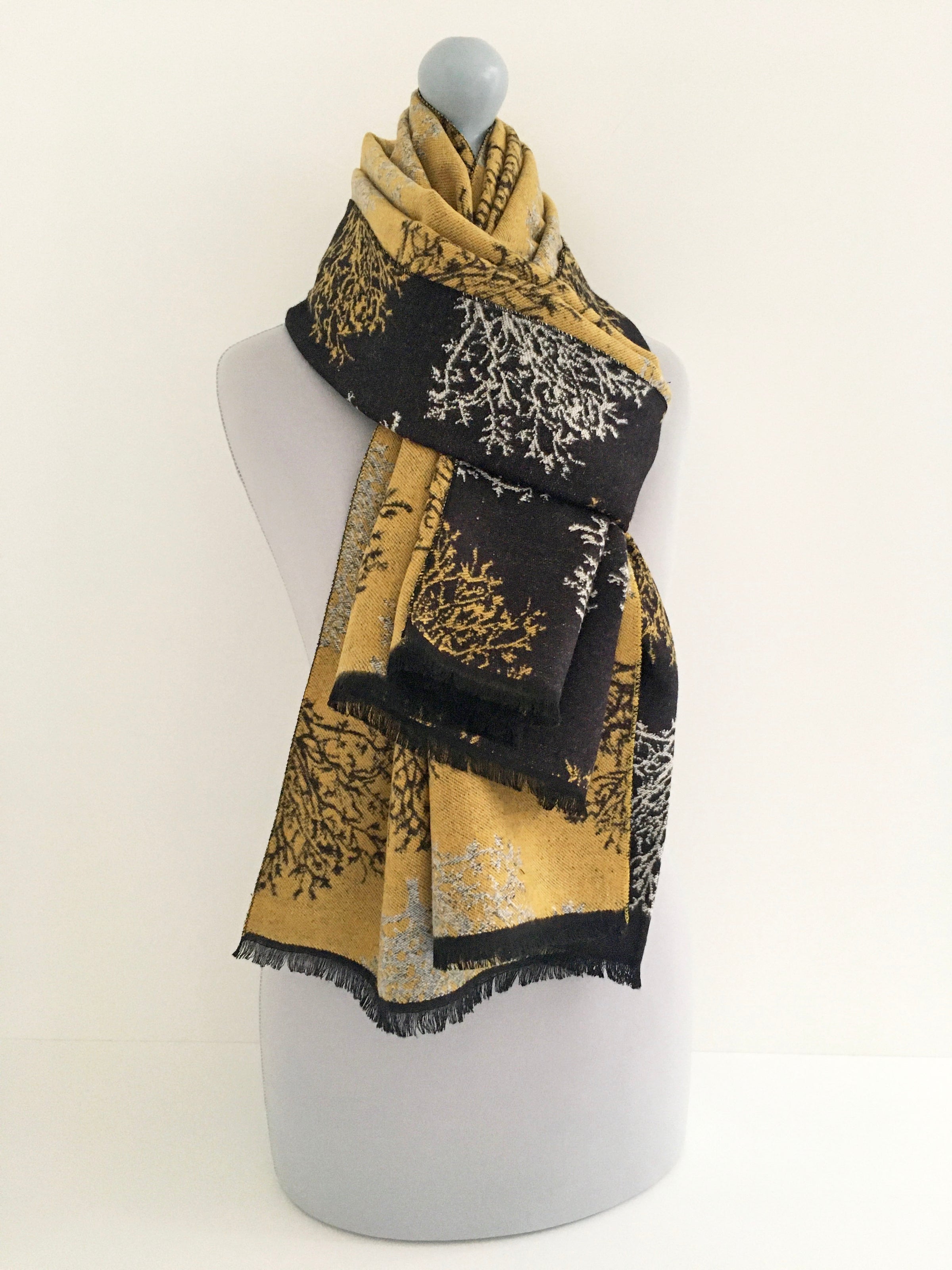 LARGE THICK BLACK TREE PRINT REVERSIBLE WINTER SHAWL BLANKET SCARF