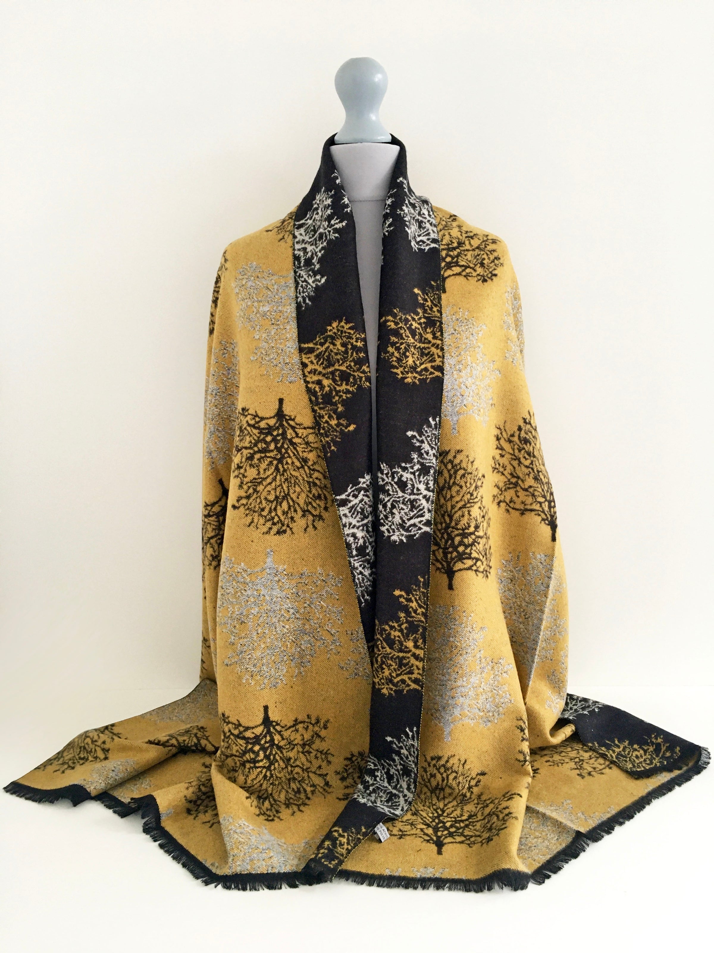 LARGE THICK BLACK TREE PRINT REVERSIBLE WINTER SHAWL BLANKET SCARF