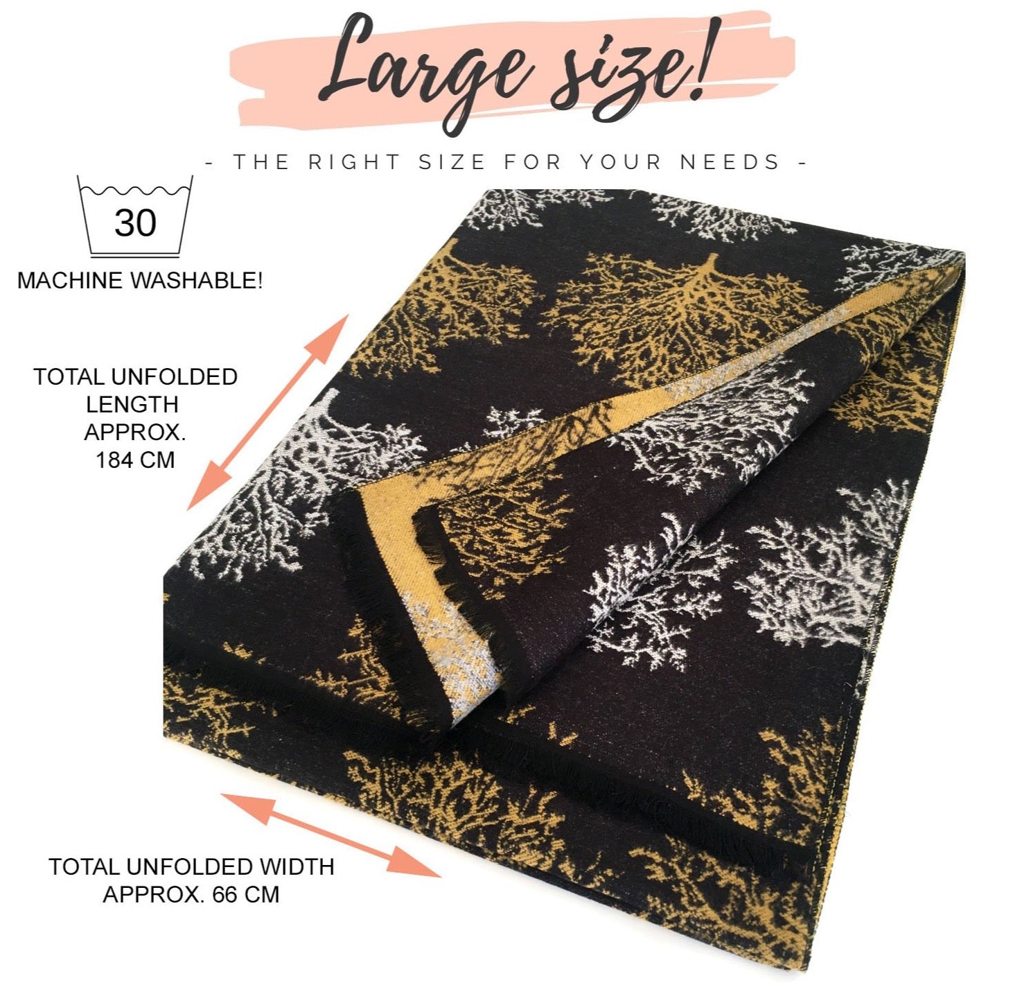 LARGE THICK BLACK TREE PRINT REVERSIBLE WINTER SHAWL BLANKET SCARF