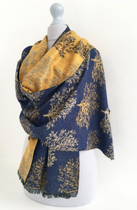 LARGE THICK NAVY MUSTARD TREE PRINT REVERSIBLE WINTER SHAWL BLANKET SCARF