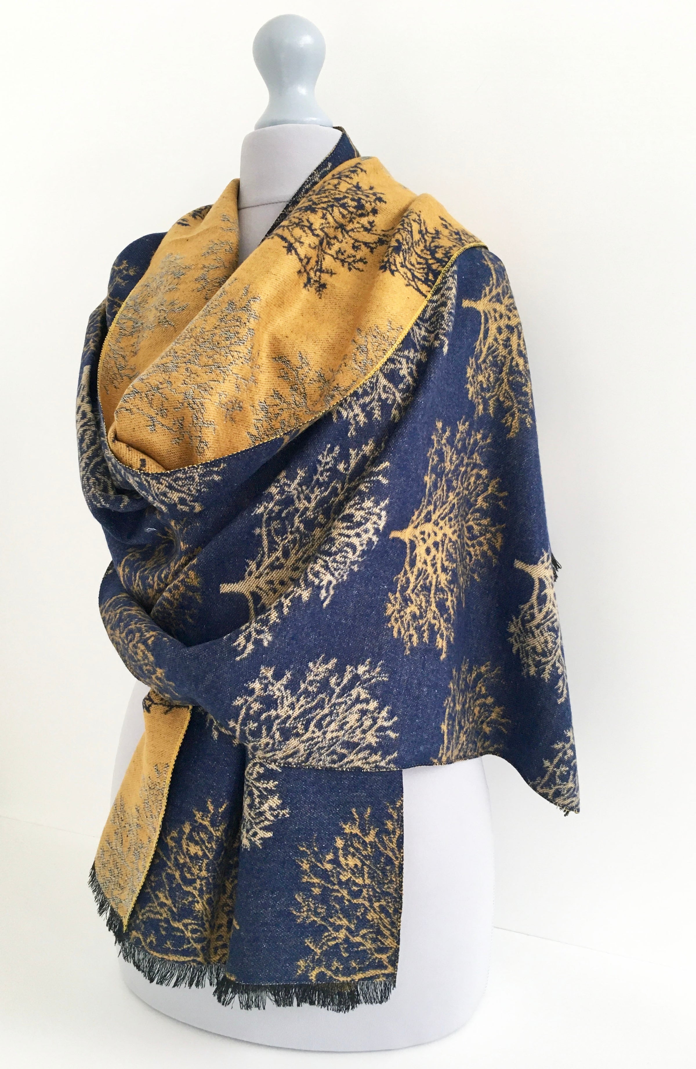 LARGE THICK NAVY MUSTARD TREE PRINT REVERSIBLE WINTER SHAWL BLANKET SCARF