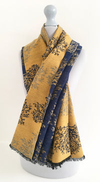 LARGE THICK NAVY MUSTARD TREE PRINT REVERSIBLE WINTER SHAWL BLANKET SCARF
