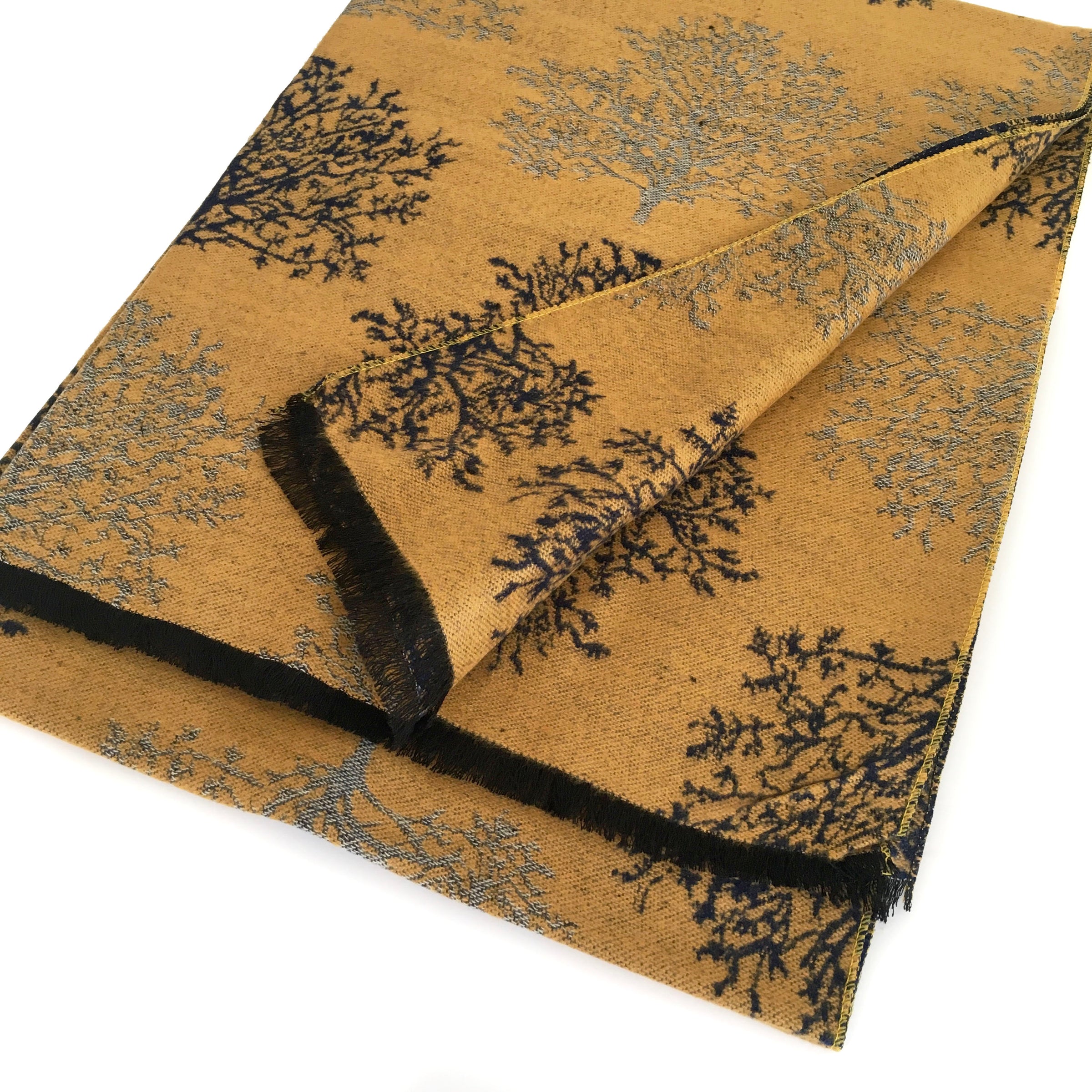 LARGE THICK NAVY MUSTARD TREE PRINT REVERSIBLE WINTER SHAWL BLANKET SCARF