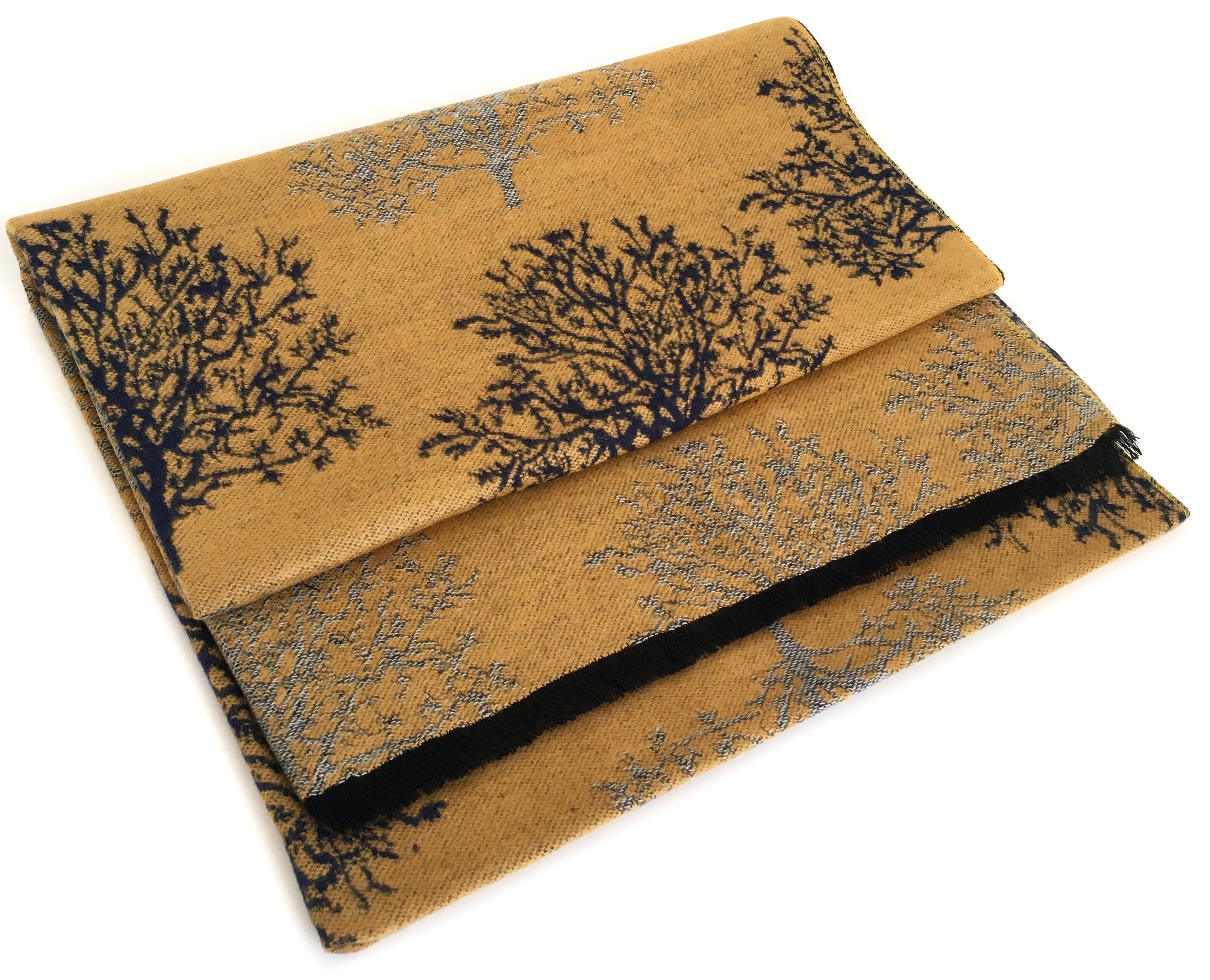 LARGE THICK NAVY MUSTARD TREE PRINT REVERSIBLE WINTER SHAWL BLANKET SCARF