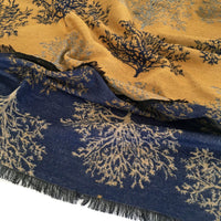 LARGE THICK NAVY MUSTARD TREE PRINT REVERSIBLE WINTER SHAWL BLANKET SCARF
