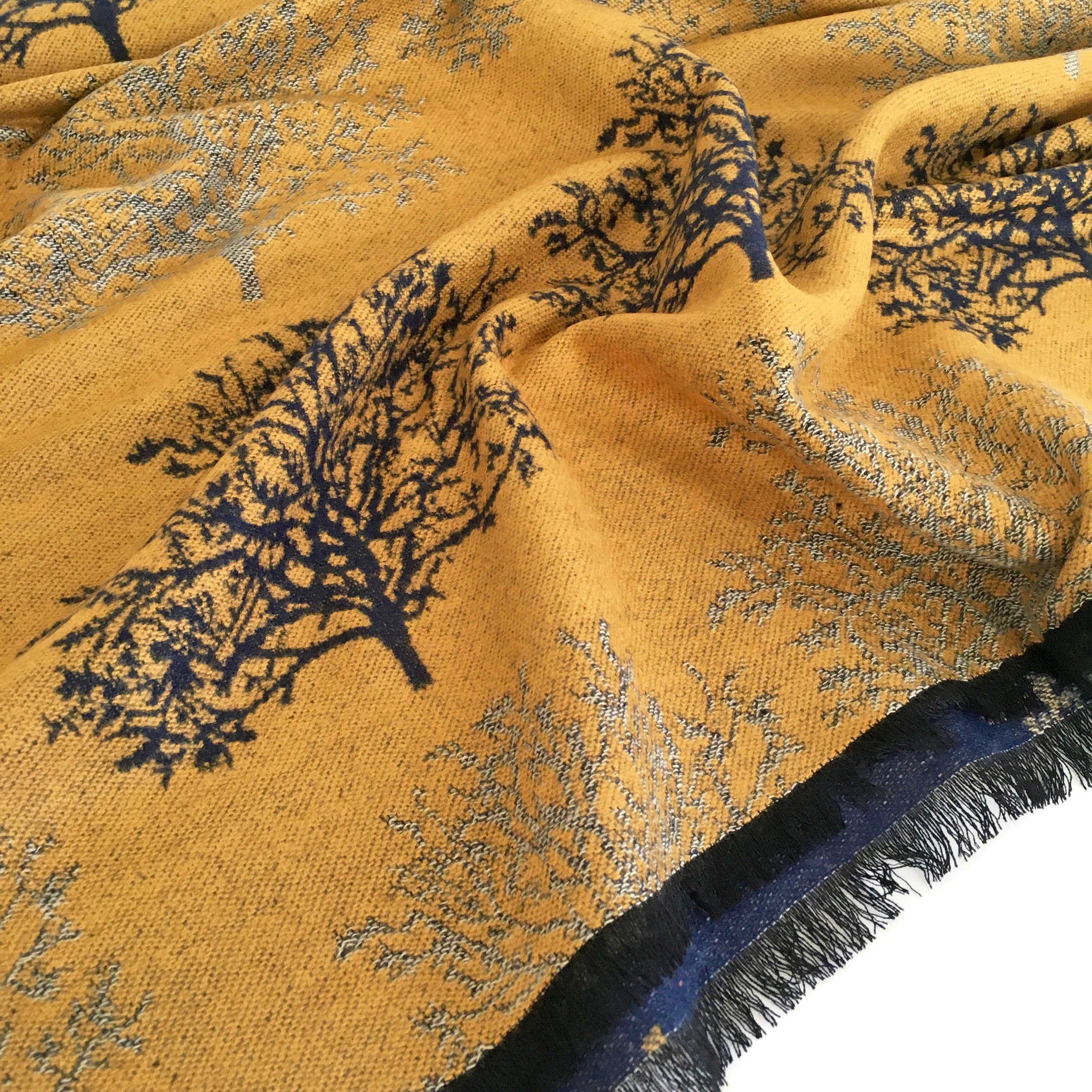 LARGE THICK NAVY MUSTARD TREE PRINT REVERSIBLE WINTER SHAWL BLANKET SCARF