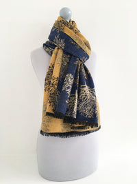 LARGE THICK NAVY MUSTARD TREE PRINT REVERSIBLE WINTER SHAWL BLANKET SCARF
