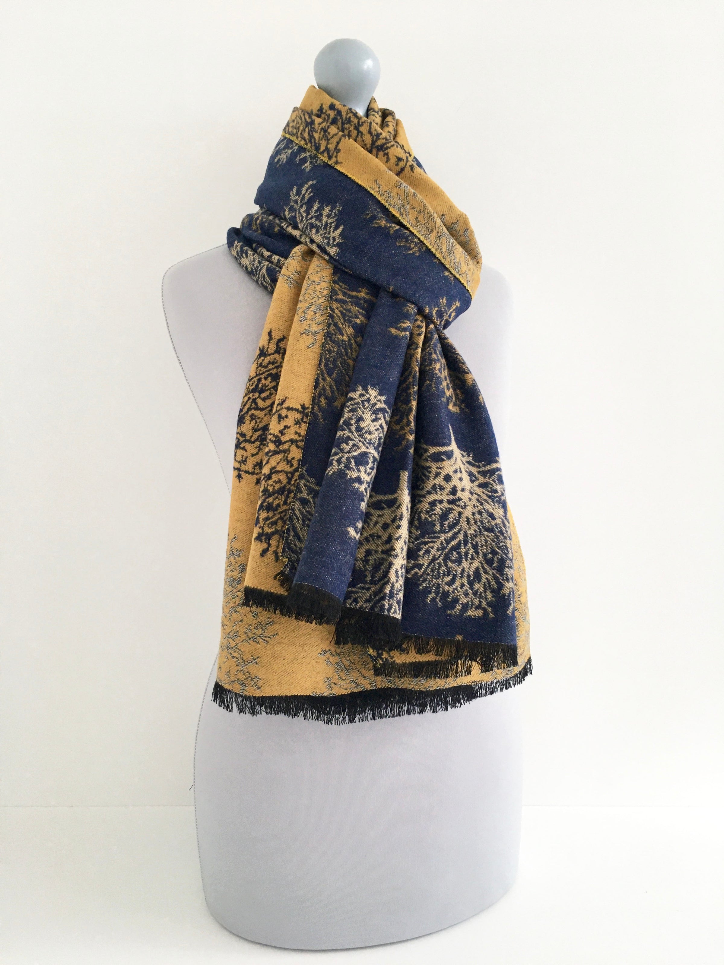 LARGE THICK NAVY MUSTARD TREE PRINT REVERSIBLE WINTER SHAWL BLANKET SCARF