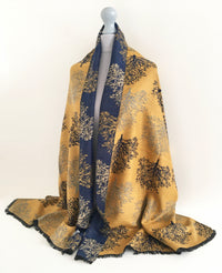 LARGE THICK NAVY MUSTARD TREE PRINT REVERSIBLE WINTER SHAWL BLANKET SCARF