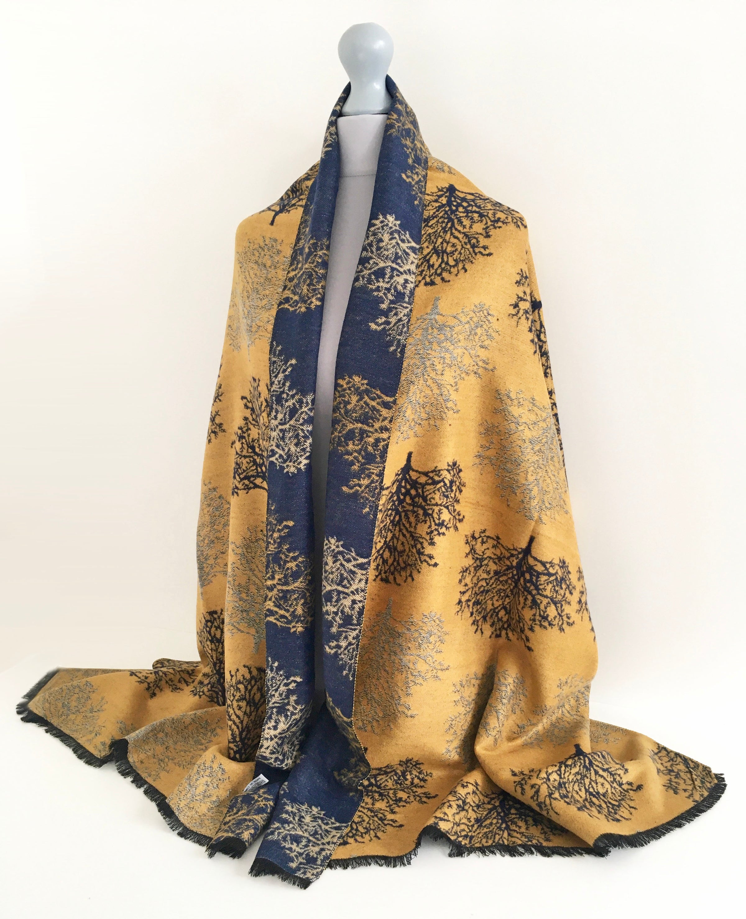 LARGE THICK NAVY MUSTARD TREE PRINT REVERSIBLE WINTER SHAWL BLANKET SCARF