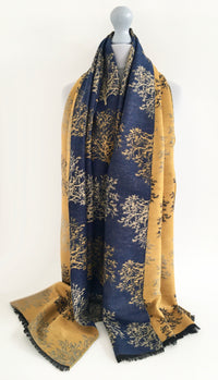 LARGE THICK NAVY MUSTARD TREE PRINT REVERSIBLE WINTER SHAWL BLANKET SCARF