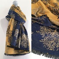 LARGE THICK NAVY MUSTARD TREE PRINT REVERSIBLE WINTER SHAWL BLANKET SCARF