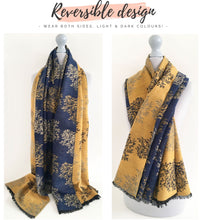 LARGE THICK NAVY MUSTARD TREE PRINT REVERSIBLE WINTER SHAWL BLANKET SCARF
