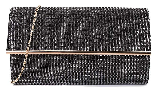 A-SHU LARGE BLACK AND SILVER METALLIC FOLD OVER CLUTCH BAG WITH LONG CHAIN STRAP - A-SHU.CO.UK