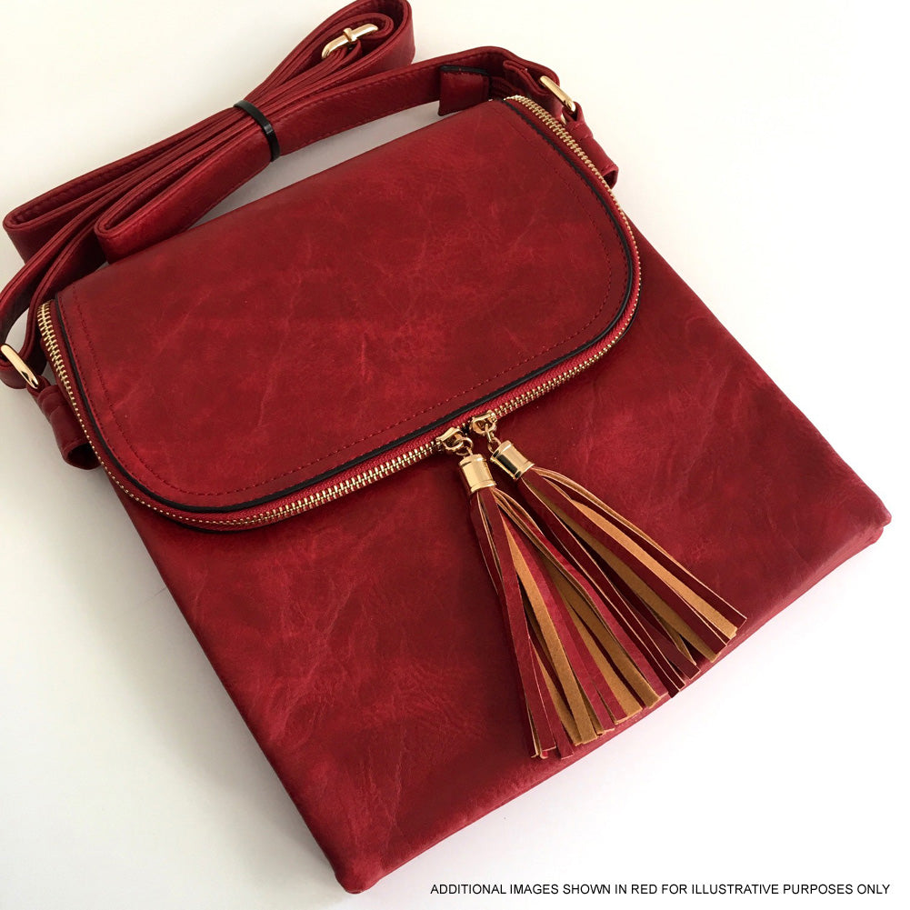 A-SHU LARGE GREY TASSEL MULTI COMPARTMENT CROSS BODY SHOULDER BAG WITH LONG STRAP - A-SHU.CO.UK