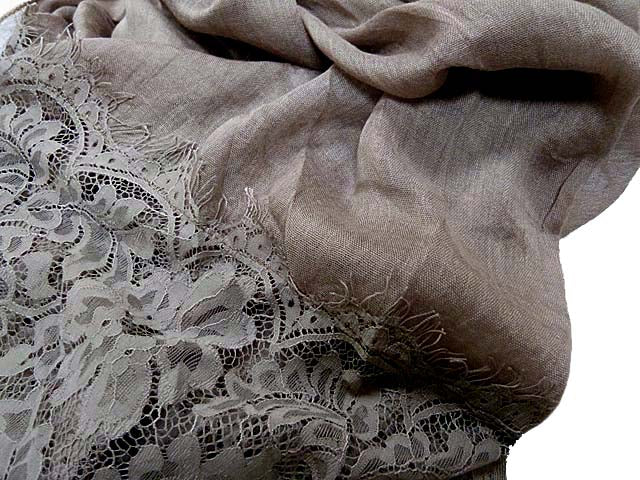 A-SHU LARGE TAUPE BEIGE LACE DETAIL LIGHTWEIGHT SCARF - A-SHU.CO.UK