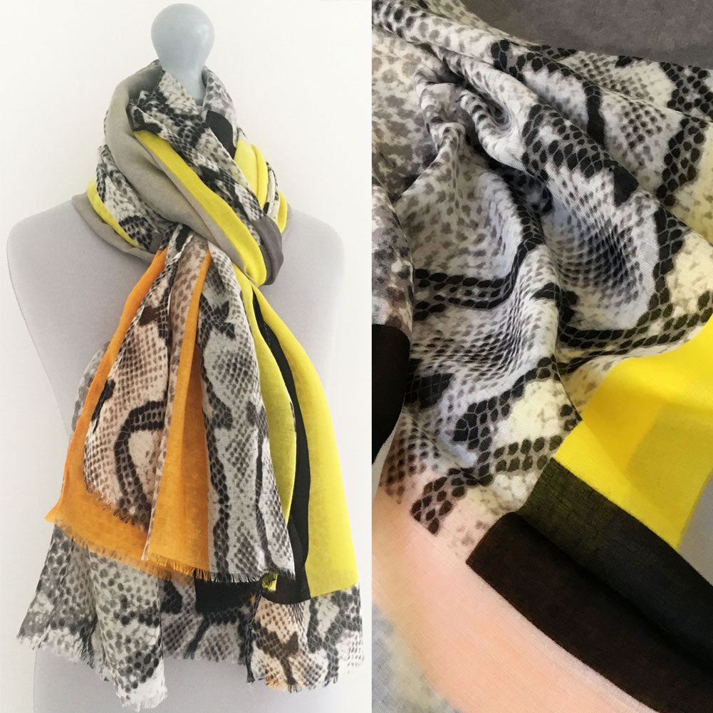 A-SHU LONG MUSTARD YELLOW BLOCKS SNAKESKIN PRINT LIGHTWEIGHT SHAWL SCARF - A-SHU.CO.UK