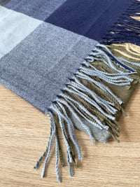 LONG NAVY BLUE WOOL MIX CHECKED TARTAN SCARF
