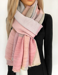 LONG PINK CRINKLE MULTICOLOUR WOOL MIX COLOUR BLOCK CHECK SCARF