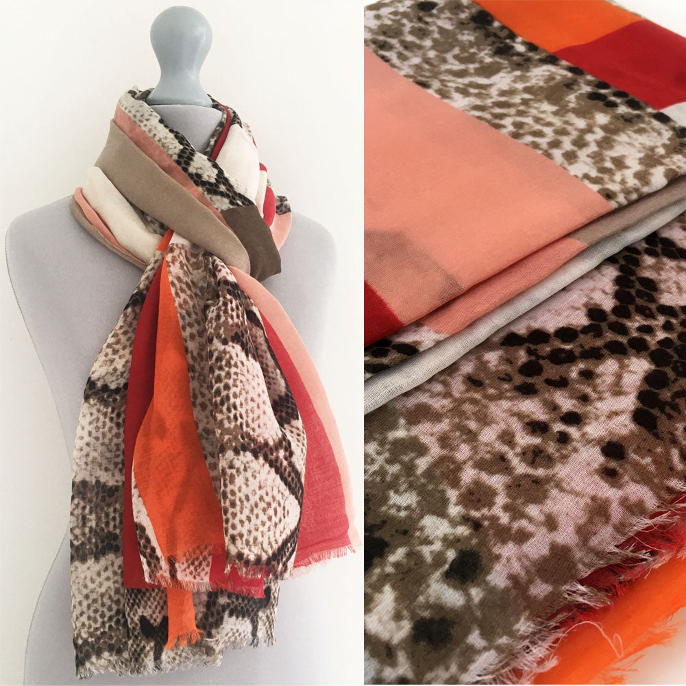 A-SHU LONG RED BLOCKS SNAKESKIN PRINT LIGHTWEIGHT SHAWL SCARF - A-SHU.CO.UK