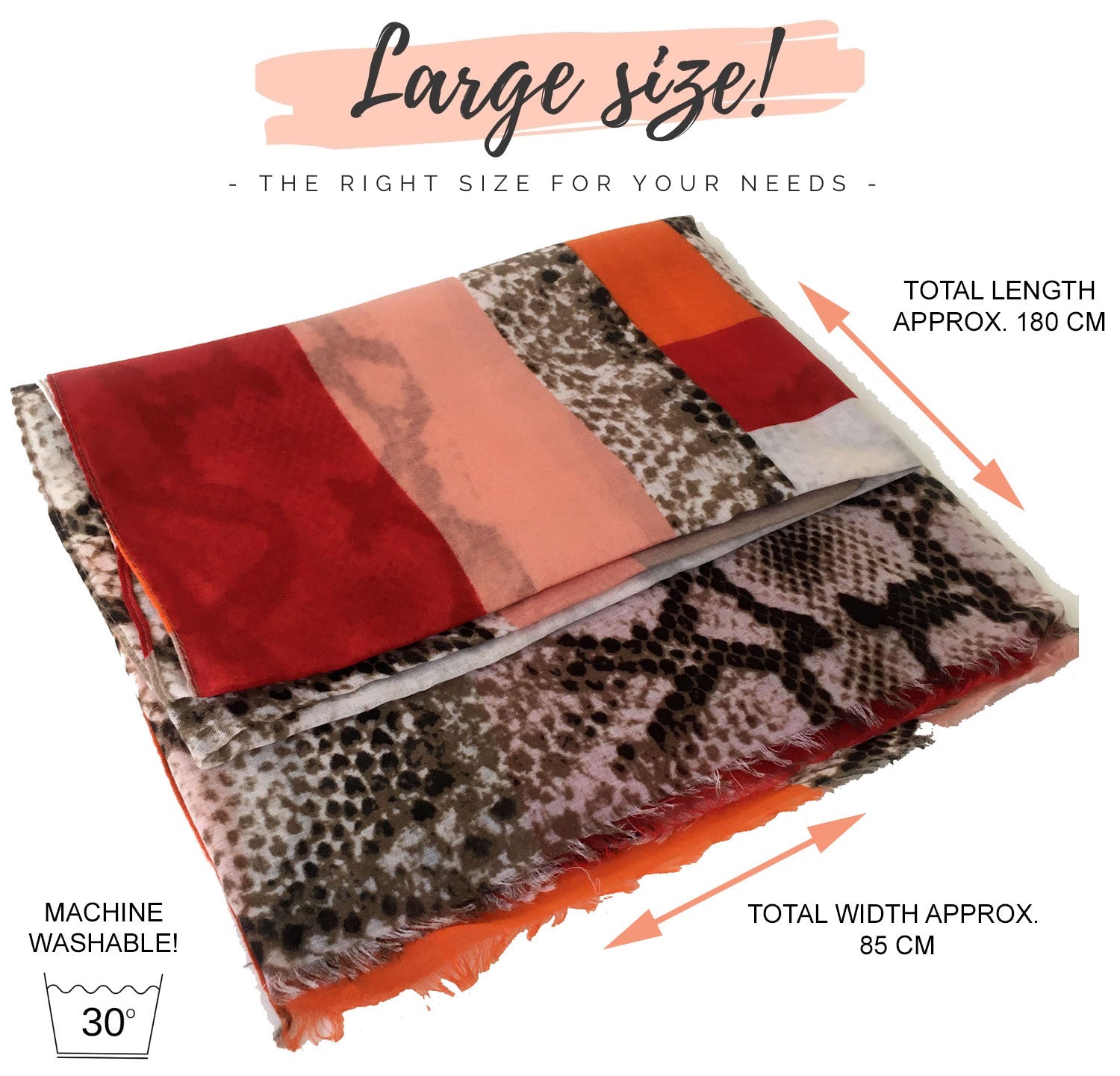 LONG RED BLOCKS SNAKESKIN PRINT LIGHTWEIGHT SHAWL SCARF