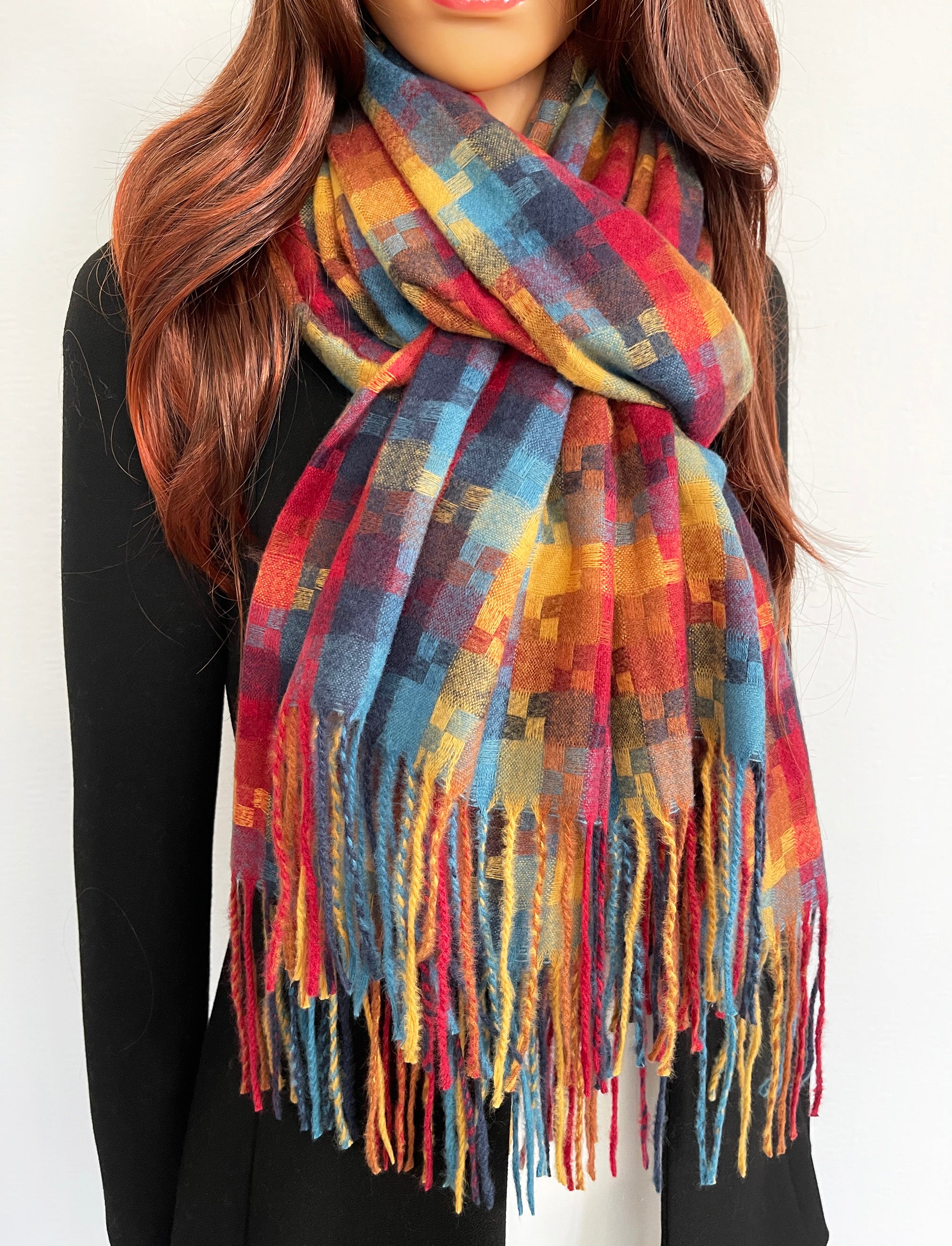 LONG RED MULTICOLOUR WOOL MIX CHECKED TARTAN SCARF - A-SHU.CO.UK
