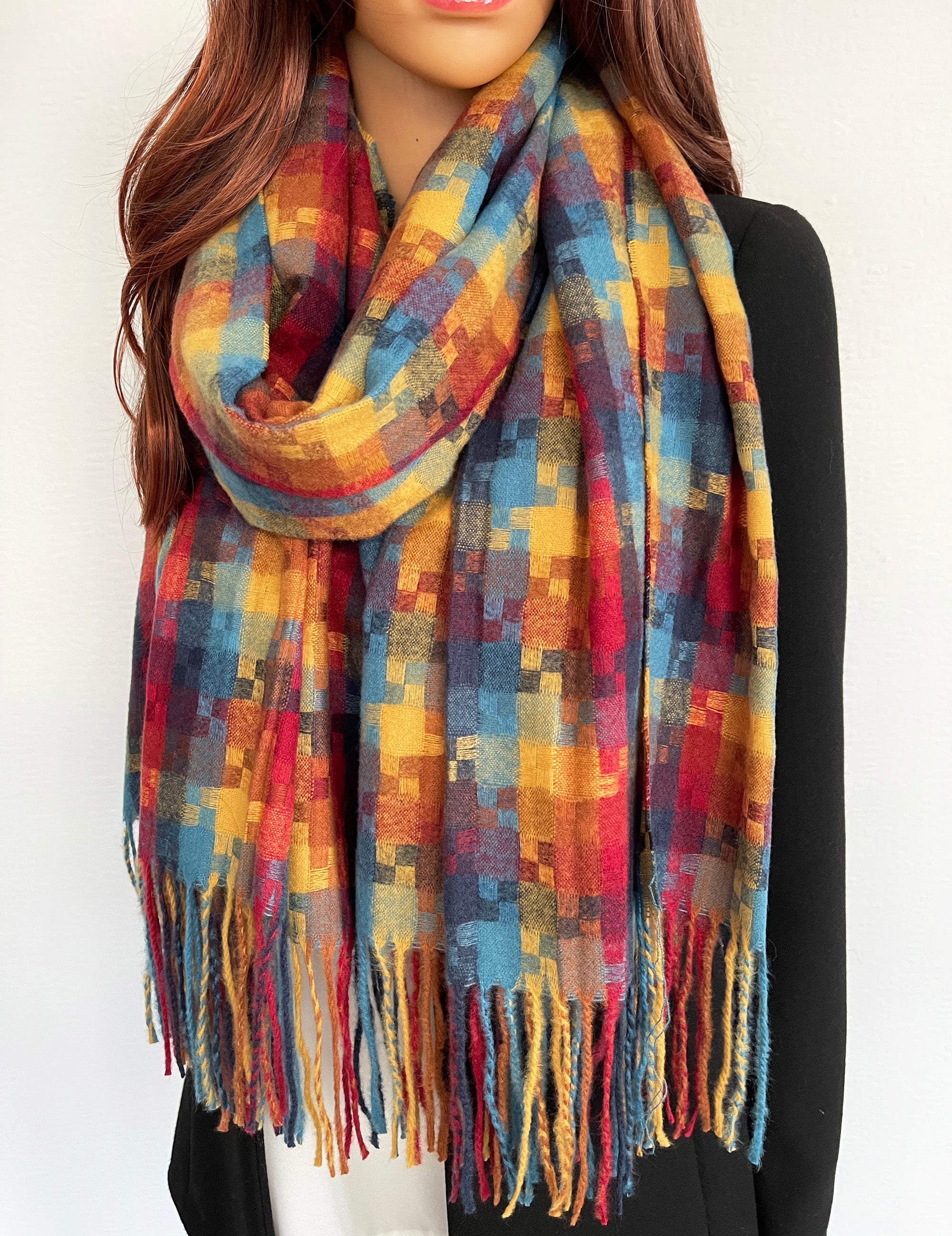 LONG RED MULTICOLOUR WOOL MIX CHECKED TARTAN SCARF - A-SHU.CO.UK