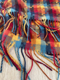 LONG RED MULTICOLOUR WOOL MIX CHECKED TARTAN SCARF - A-SHU.CO.UK