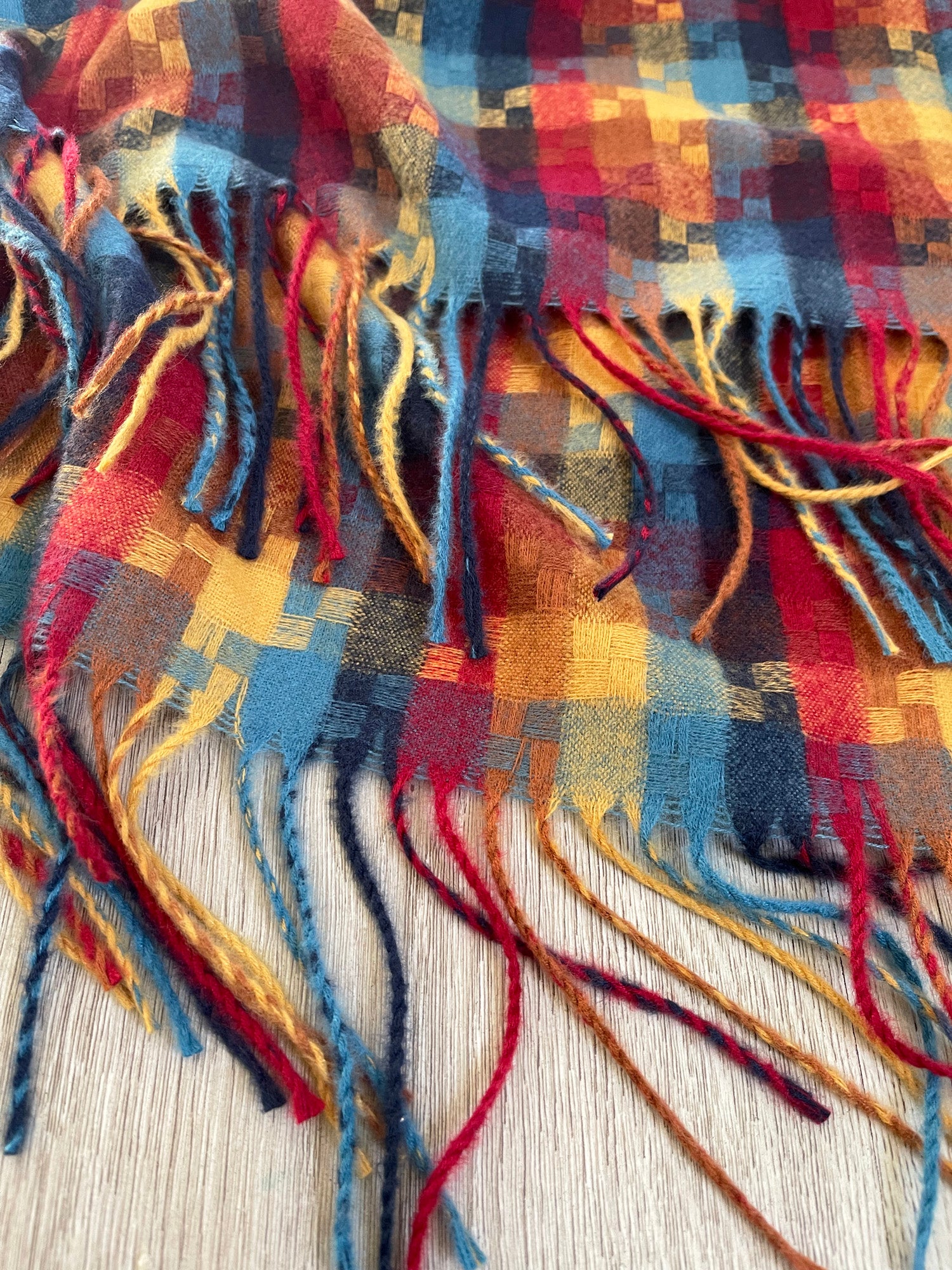 LONG RED MULTICOLOUR WOOL MIX CHECKED TARTAN SCARF - A-SHU.CO.UK