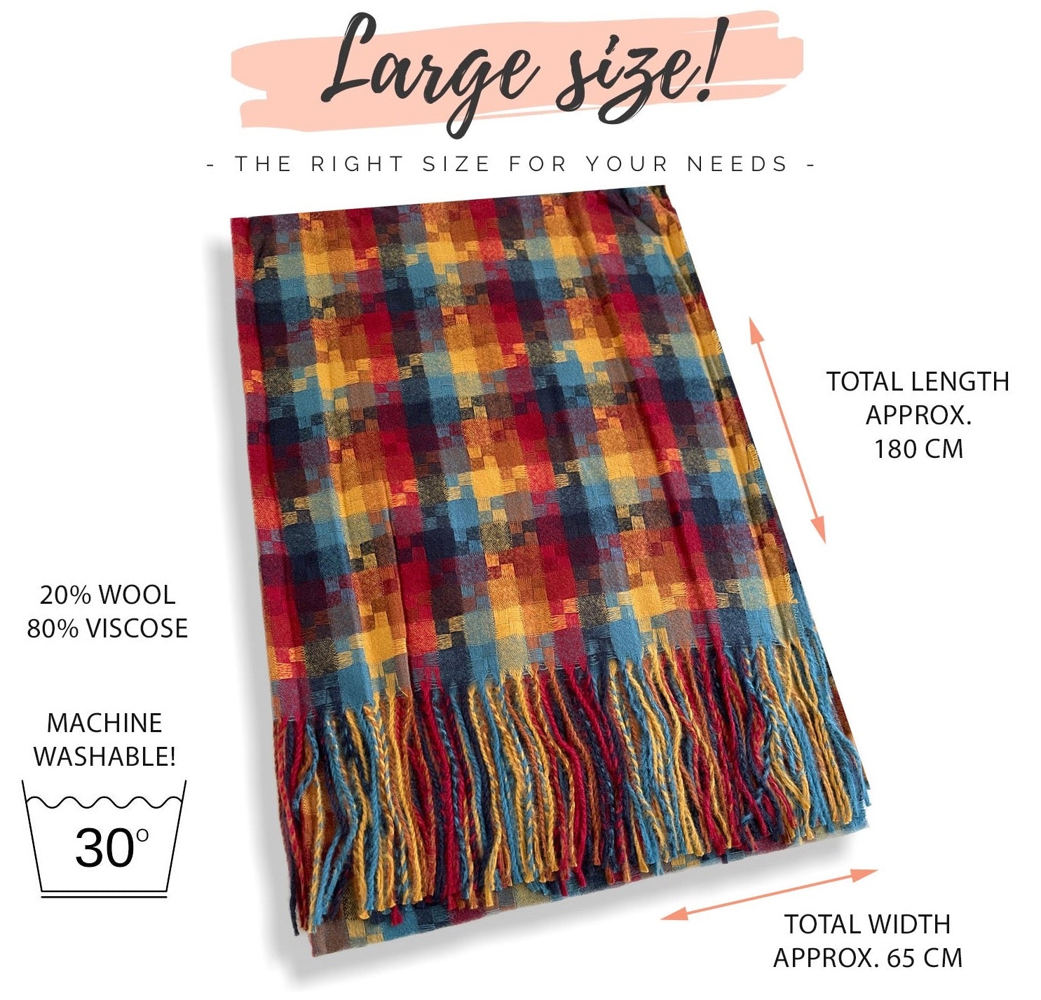LONG RED MULTICOLOUR WOOL MIX CHECKED TARTAN SCARF - A-SHU.CO.UK