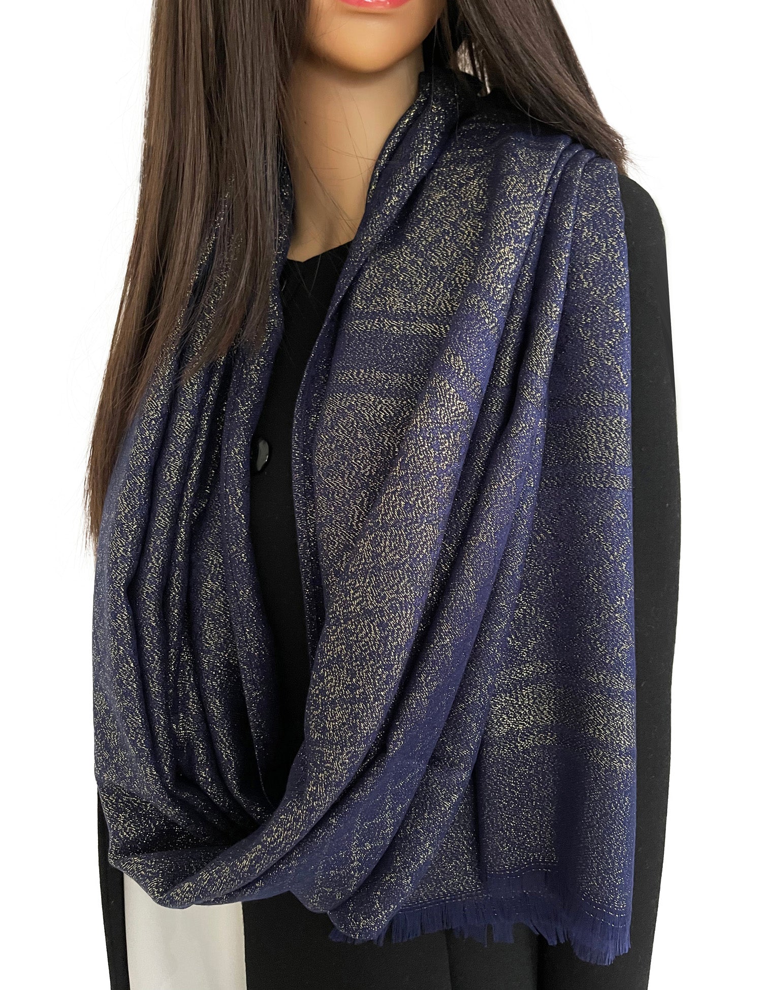 NAVY BLUE SPARKLY METALLIC EVENING SHAWL SCARF - A-SHU.CO.UK