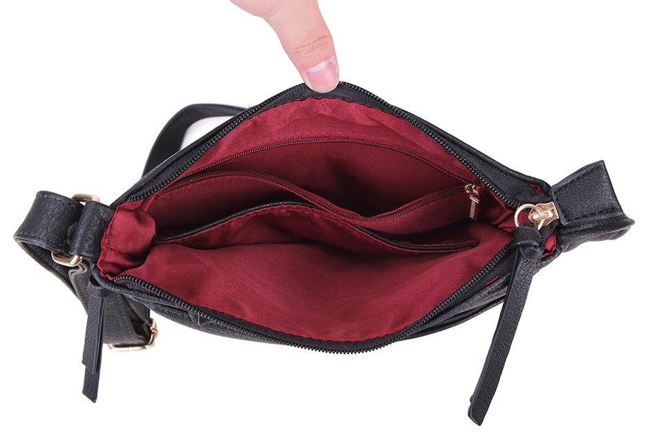 A-SHU PLAIN CURVED BLACK MULTI COMPARTMENT CROSS BODY SHOULDER BAG - A-SHU.CO.UK