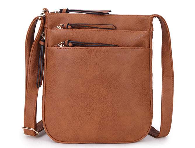 A-SHU PLAIN CURVED TAN MULTI COMPARTMENT CROSS BODY SHOULDER BAG - A-SHU.CO.UK