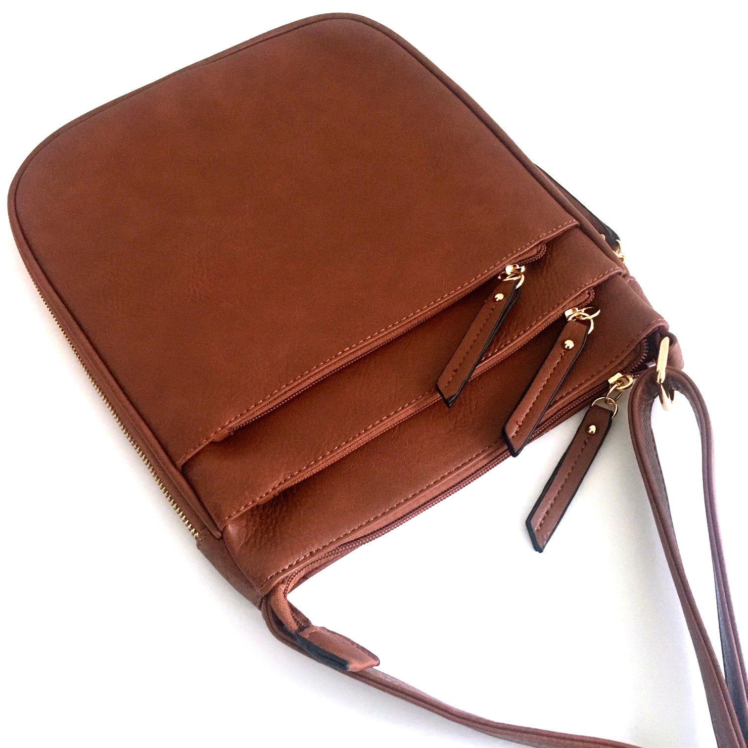 A-SHU PLAIN CURVED TAN MULTI COMPARTMENT CROSS BODY SHOULDER BAG - A-SHU.CO.UK