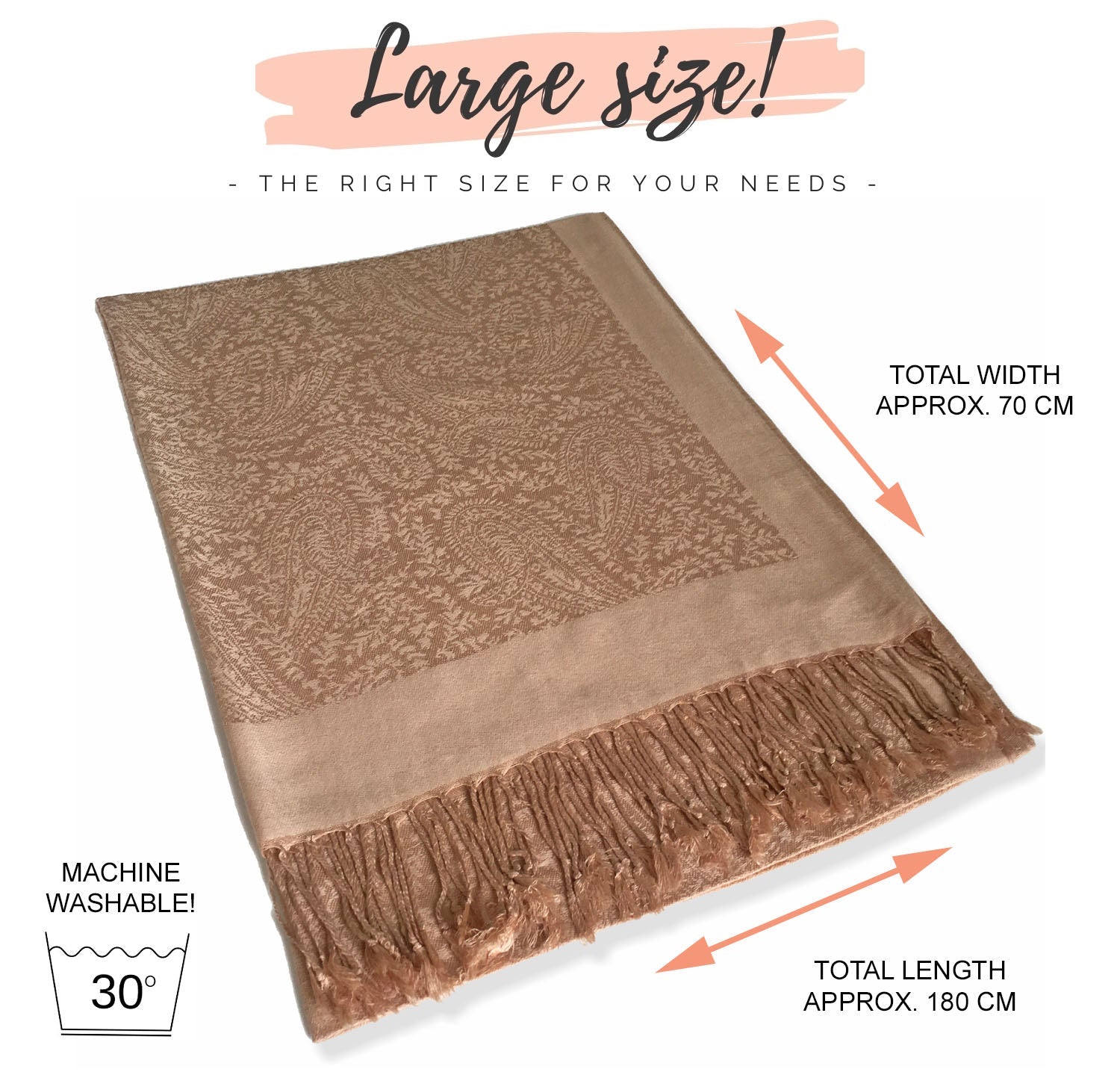 ROSE GOLD PAISLEY PRINT REVERSIBLE PASHMINA SHAWL SCARF - A-SHU.CO.UK