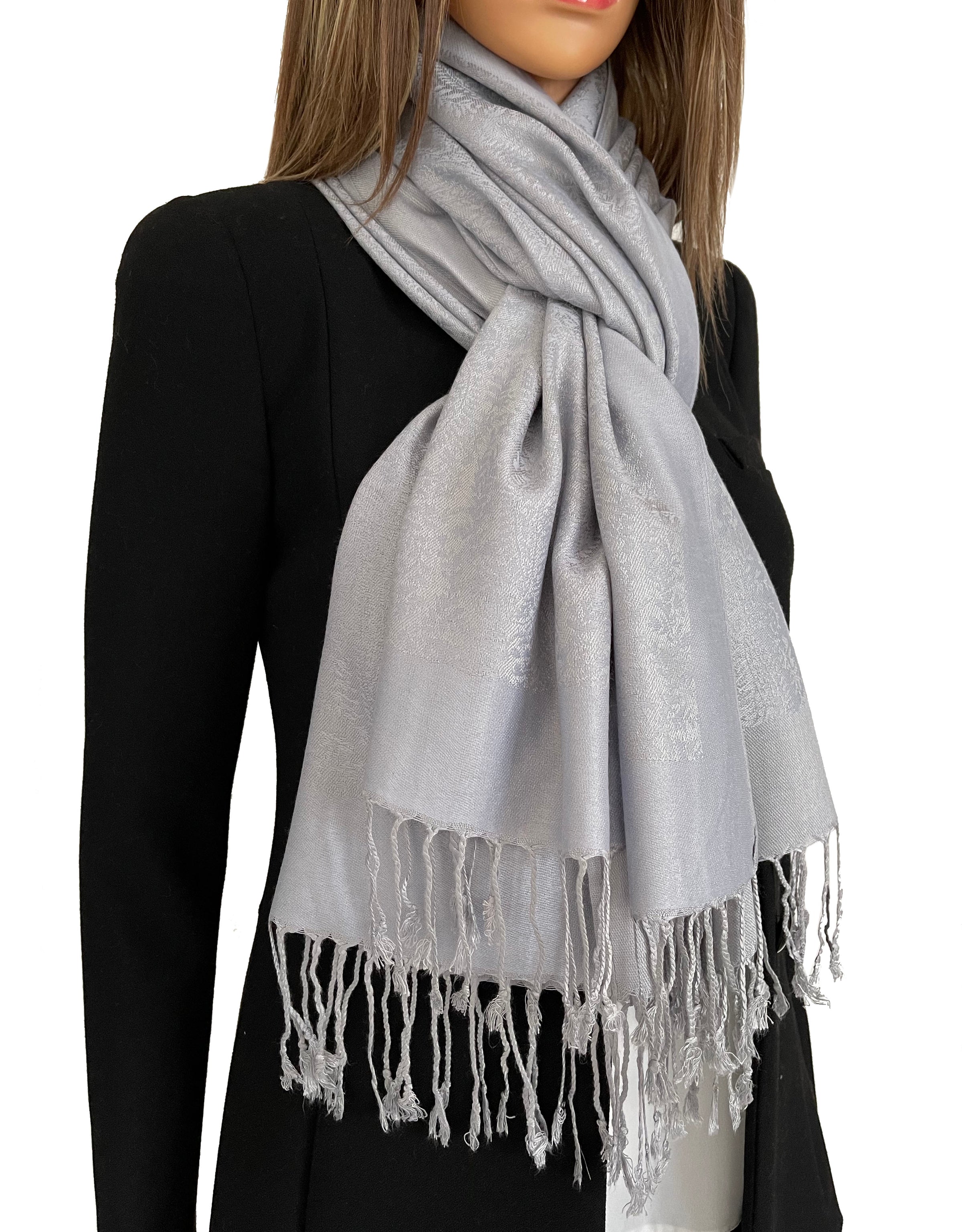 SILVER GREY PAISLEY PRINT REVERSIBLE PASHMINA SHAWL SCARF - A-SHU.CO.UK