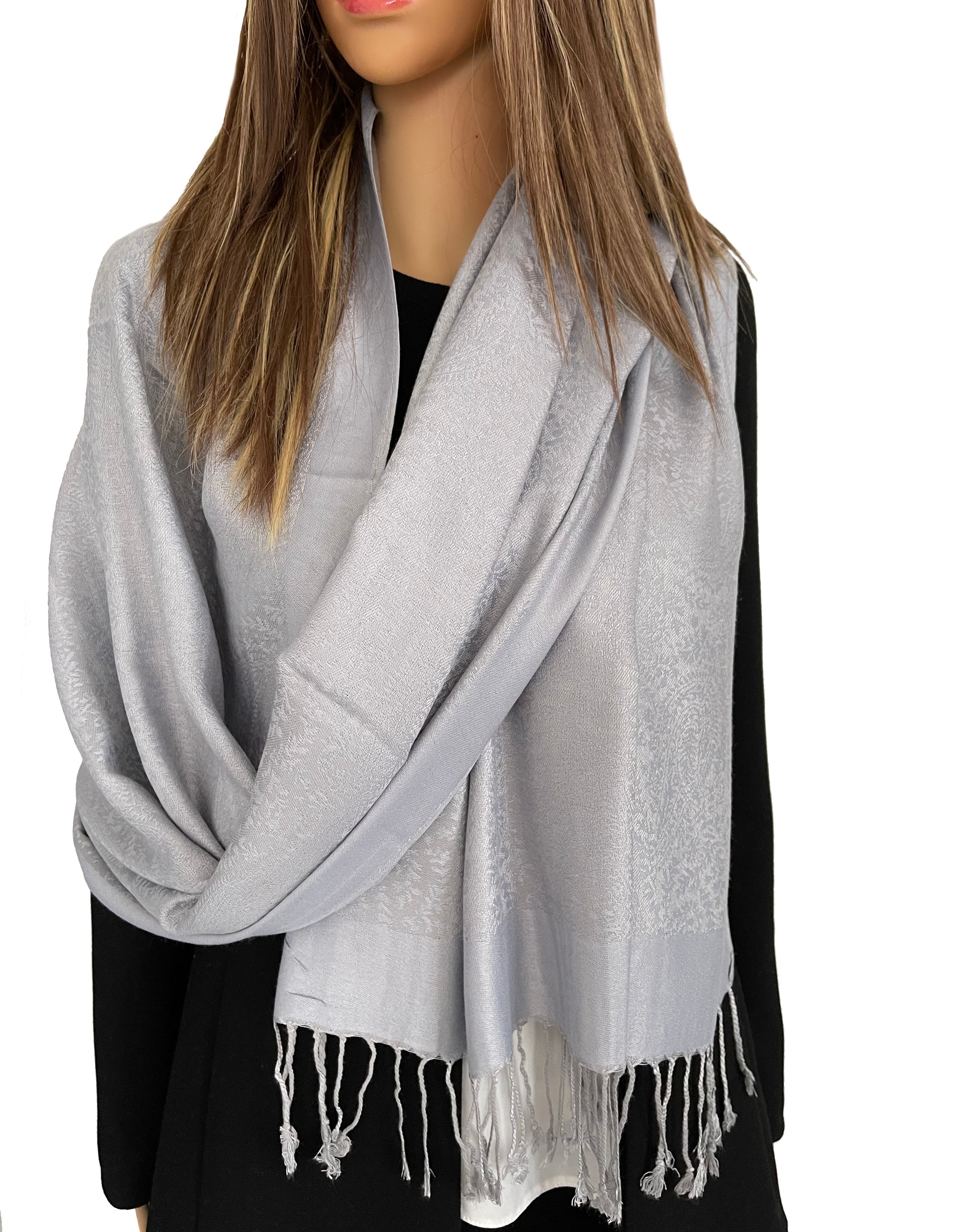 SILVER GREY PAISLEY PRINT REVERSIBLE PASHMINA SHAWL SCARF - A-SHU.CO.UK