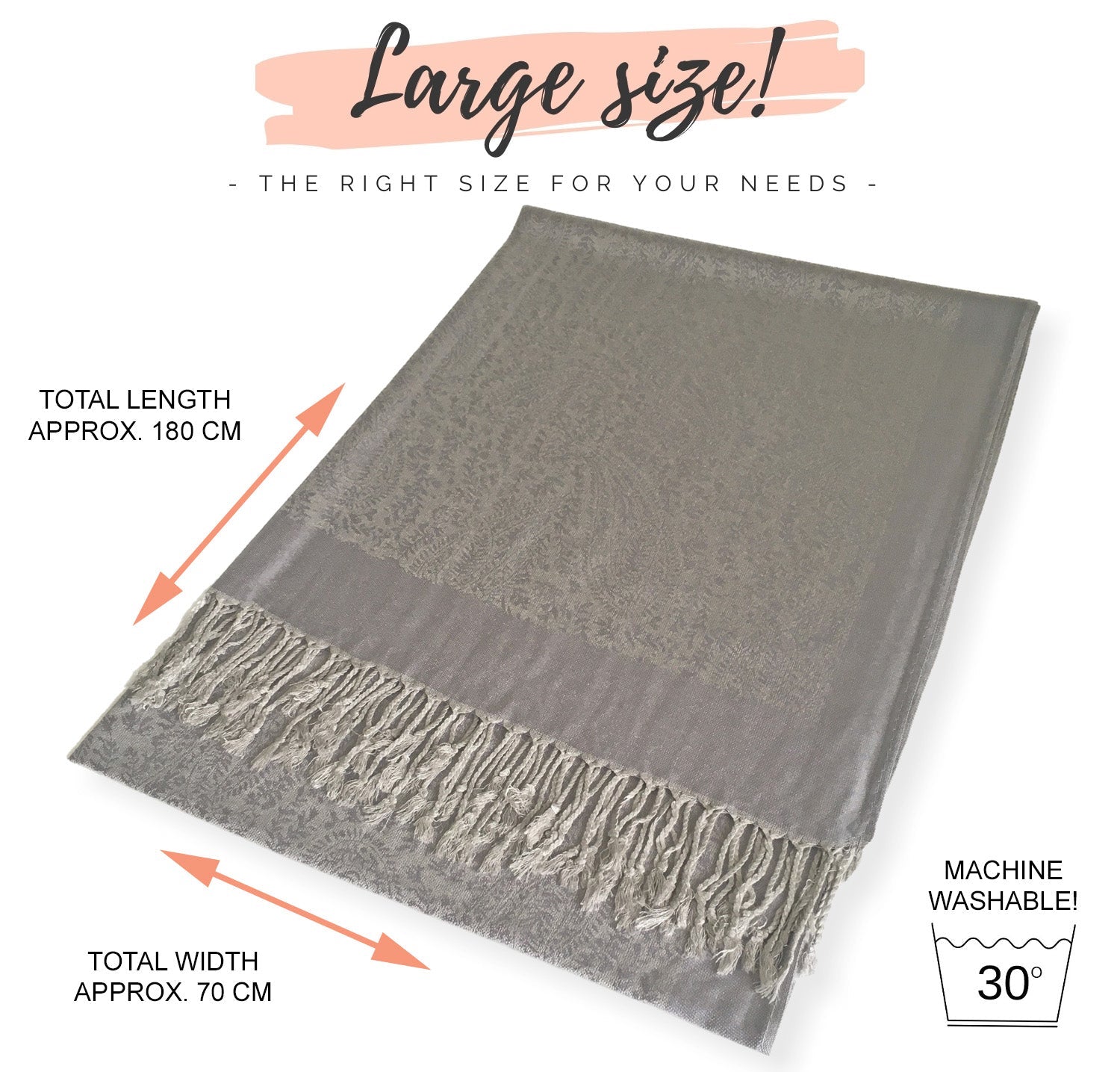 SILVER GREY PAISLEY PRINT REVERSIBLE PASHMINA SHAWL SCARF - A-SHU.CO.UK