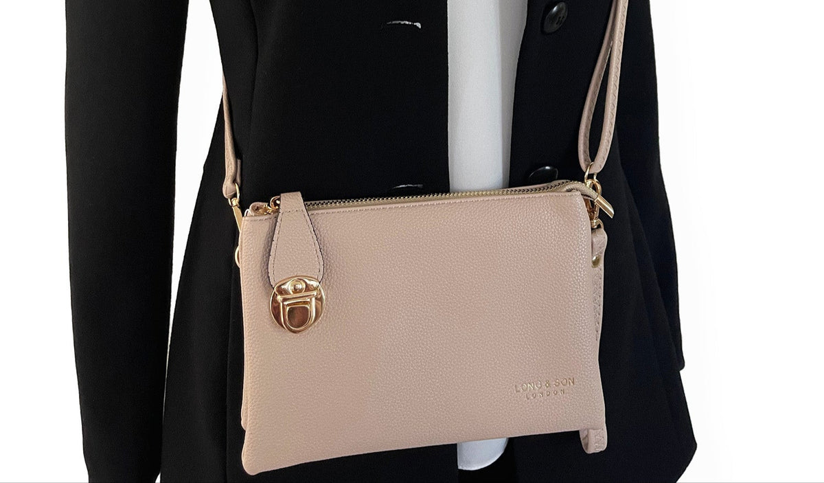 SMALL MULTI-POCKET CROSS BODY CLUTCH BAG WITH WRISTLET - BEIGE