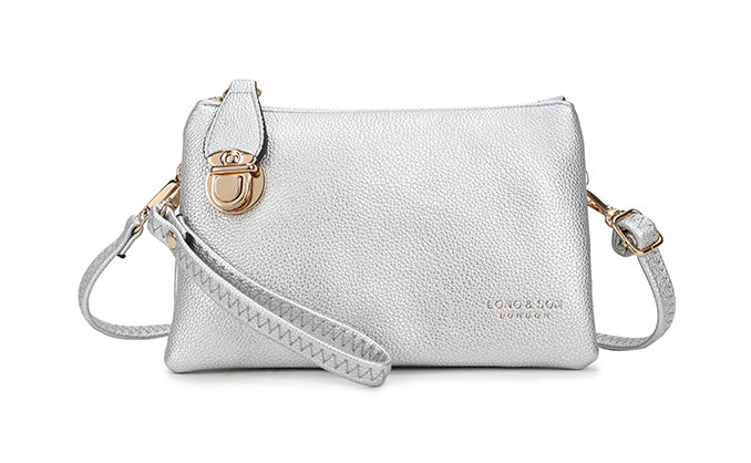 SMALL MULTI-POCKET CROSS BODY CLUTCH BAG WITH WRISTLET - SILVER