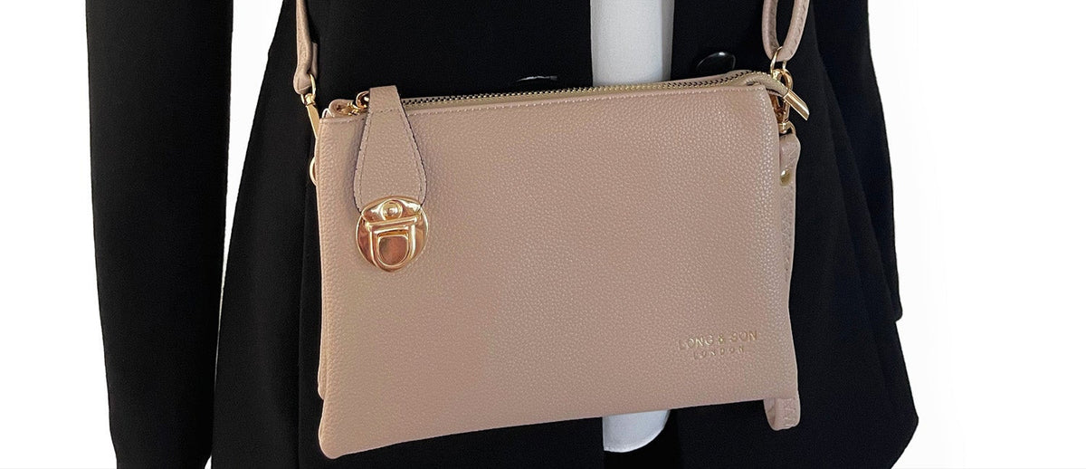 SMALL MULTI-POCKET CROSS BODY CLUTCH BAG WITH WRISTLET - TAUPE